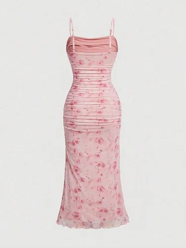 Miniatura 2 de GORGLITTER Vestido midi ajustado floral fruncido para mujer, de malla, sin mangas, con cola de pescado