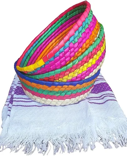 Jacq & Jürgen - Cestas de palma tejidas a mano, paquete de 3 unidades, multicolor, paquete de tamaño mediano, tortillero mexicano tradicional