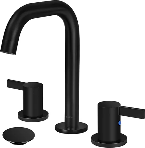 Miniatura 14 de SOKA Grifo de baño central de dos asas para fregadero de acero inoxidable de arco alto con placa de cubierta y montaje de drenaje desplegable