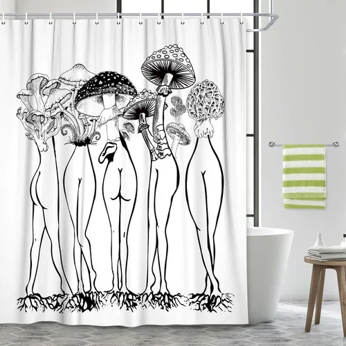 Miniatura 4 de Divertida cortina de ducha de hongos, divertida y sexy, cortina de ducha con trasero de hongo, hippie blanco y negro, impermeable, cortina de baño