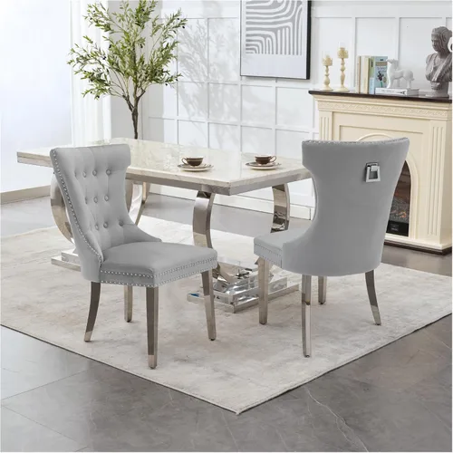 Miniatura 35 de adochr Juego de 2 sillas de comedor de terciopelo, sillas de cocina tapizadas con patas de metal, respaldo abotonado moderno con anillo de tracción