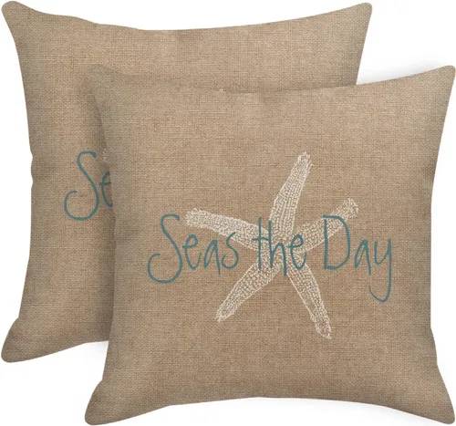 Emvency Juego de 2 fundas de almohada de lino, estilo vintage, playa, estrella de mar, con aspecto de lona, decoración del hogar, rectangular,