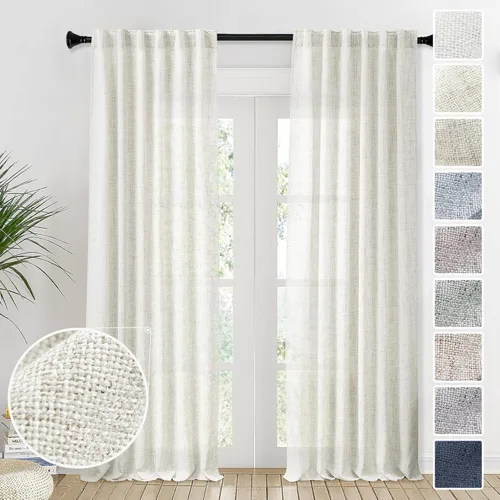Miniatura 75 de Cortinas de lino 92 pulgadas de largo, juego de 2 paneles con bolsillo para barra, lengüeta trasera, cortinas transparentes para ventanas