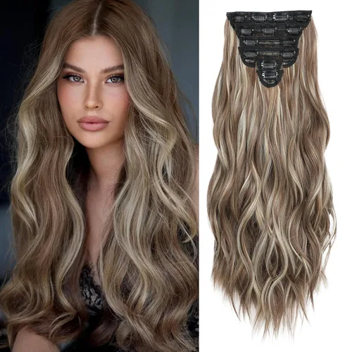 Miniatura 17 de Extensiones de cabello con clip para mujer, negro natural con reflejos marrones, 20 pulgadas, 6 piezas, extensiones de cabello largo, ondulado