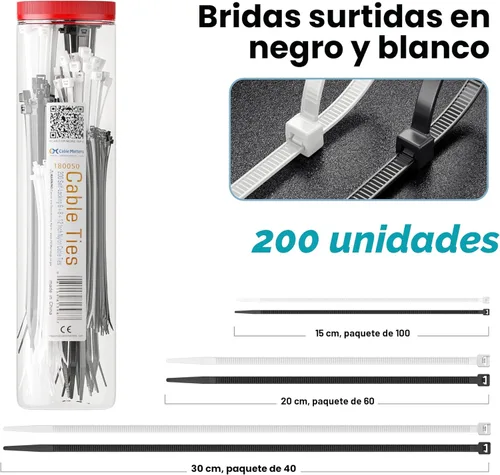 Miniatura 2 de Cable Matters Paquete de 200 bridas para cables para interiores y exteriores, 6, 8, 12 pulgadas, de nailon autobloqueante, varios tamaños