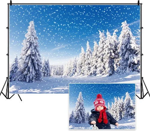 Miniatura 5 de Renaiss Telón de fondo de paisaje de nieve de invierno de 5 x 3 pies, montañas nevadas, pinos cubiertos de bosque, campo de nieve, paisaje natural