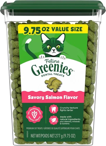 Golosinas dentales naturales Greenies para gatos adultos recomendadas por veterinarios, sabor delicioso a salmón, envase de 9.75 oz