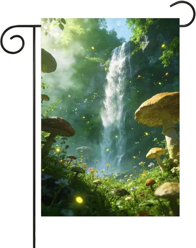 Miniatura 15 de Bandera de jardín de otoño con diseño de cuentos de hadas de fantasía, árbol, puesta de sol, mariposas, hierba, 12 x 18 pulgadas, pequeña, vertical