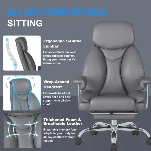Miniatura 3 de Silla de oficina grande y alta, asiento ancho de 500 libras, silla de oficina ergonómica ejecutiva con reposapiés retráctil y brazos acolchados