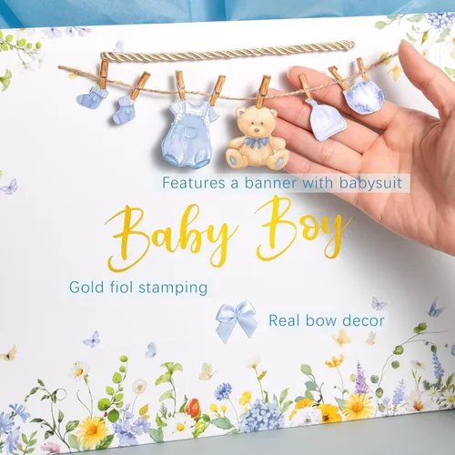 Miniatura 3 de Crisky Bolsa de regalo grande de 13" para niño con papel de seda, tarjeta de regalo y lazo para decoración de baby shower y cumpleaños de niño