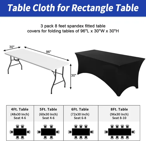 Miniatura 3 de Fixwal Paquete de 3 manteles rectangulares color negro de 8 pies, de elastano elástico, ajustable para fiestas, ferias, bodas, bufés, graduaciones