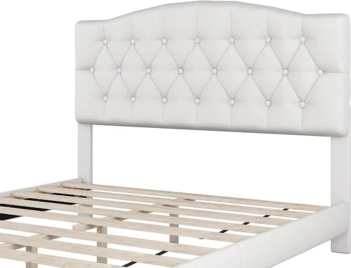 Miniatura 6 de DSHADE Base de cama Queen con plataforma tapizada de lino moderno, base de cama de madera maciza beige con cabecero, detalles capitoné de diamante