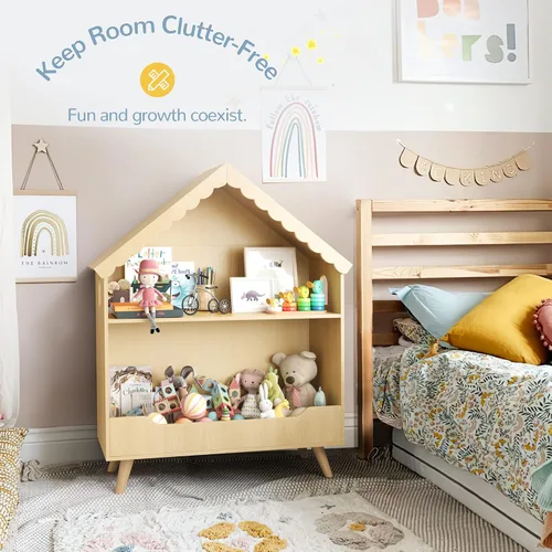 Miniatura 3 de Curipeer Estantería para casa de muñecas para niños, estantería de madera con luz activada por movimiento, organizador abierto de 2 niveles
