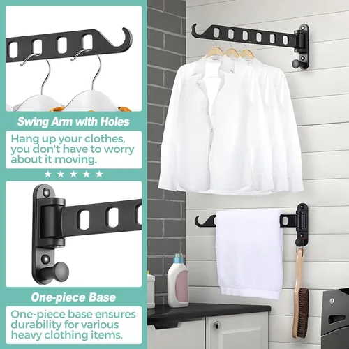 Miniatura 2 de Estante de secado de ropa – Percha de ropa para montar en la pared con brazo oscilante, colgador de ropa de 6 agujeros y barra giratoria