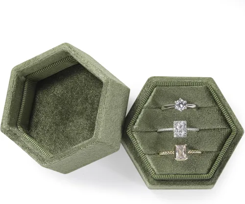 Miniatura 42 de WantGor Caja de joyería de terciopelo para anillos, caja de regalo con 3 ranuras, caja de regalo para anillos hexagonales vintage, para ceremonia