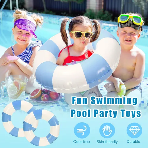 Miniatura 4 de Whaline Flotador inflable de natación de 4 piezas, anillo de natación a rayas, divertido estampado para piscina, tumbona, tubo para verano, Azul