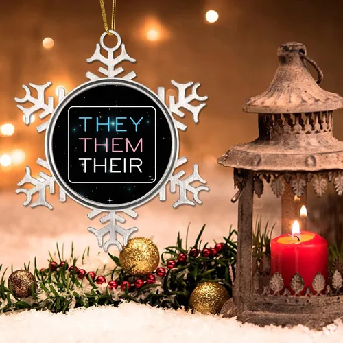 Miniatura 3 de They Them Their - Adornos de árbol de Navidad para lesbianas LGBTQ Progress Rainbow Pride Gay Lesbian Novedad de metal copo de nieve adornos