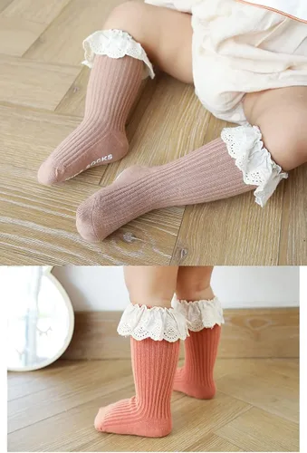 Miniatura 6 de Calcetines largos de uniforme para bebés y niñas calcetines de encaje con volantes para bebés y niñas calcetines altos de algodón