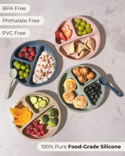 Miniatura 2 de Hippypotamus Placas de succión con tapas para bebés y niños pequeños, 100% silicona de grado alimenticio, aptas para microondas y lavavajillas, Rosa