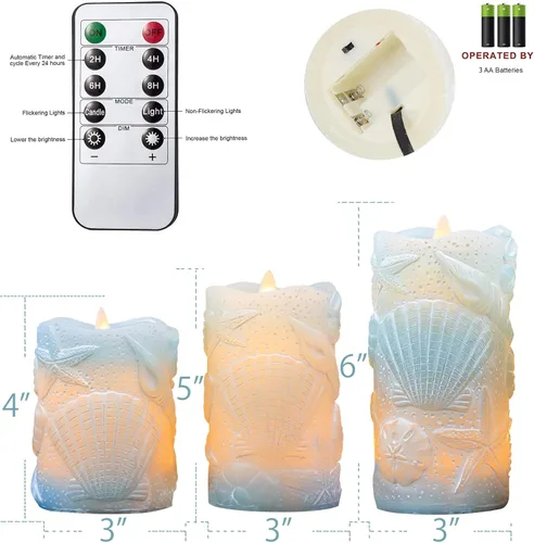 Miniatura 5 de MELTONE Velas LED sin llama azul océano con mecha parpadeante con carcasa de cera real con control remoto, decoración náutica de fiestas de boda