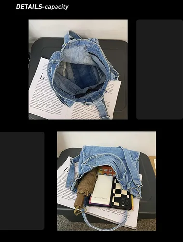 Miniatura 7 de Bolso de hombro de mezclilla para mujer, bolso de mano grande tipo hobo, bolso de compras ligero, bolso de viaje holgado, bolso retro casual
