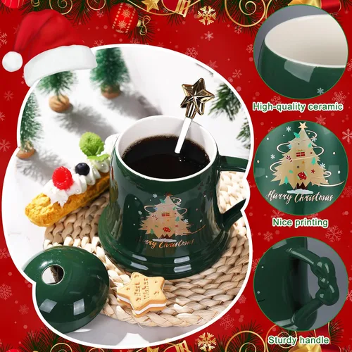 Miniatura 4 de Sliner Taza de Navidad de Cerámica Feliz Navidad Taza de Árbol de Navidad con Cuchara de Estrella y Tapa Taza de Santa para Regalos de Navidad