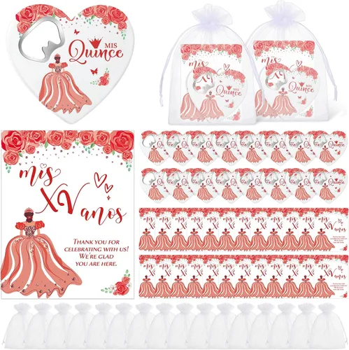 Maxcheck Juego de 25 regalos de fiesta de quinceañera para invitados, abrebotellas en forma de corazón de rosa, dulce 15 imán para nevera, tarjeta