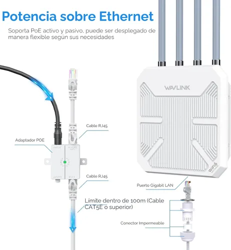 Miniatura 7 de WAVLINK AX3000 Extensor WiFi 6 para exteriores de largo alcance, punto de acceso inalámbrico para exteriores, PoE activo, antenas 4x8dBi, funciona