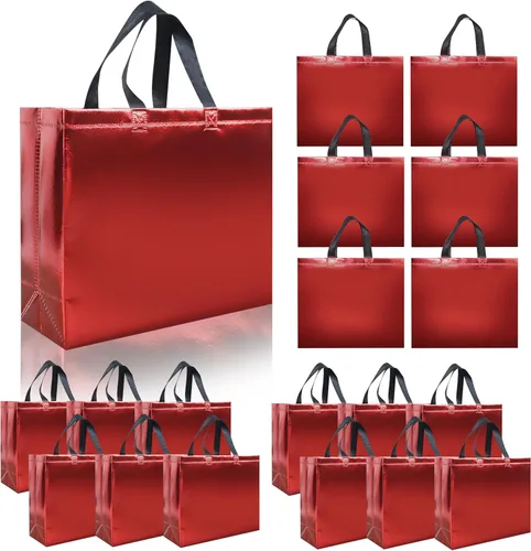 cabzymx 15 bolsas de regalo reutilizables de color rojo brillante con asas, 12.6 x 4.7 x 11 pulgadas, bolsas de fiesta con base resistente, bolsa de