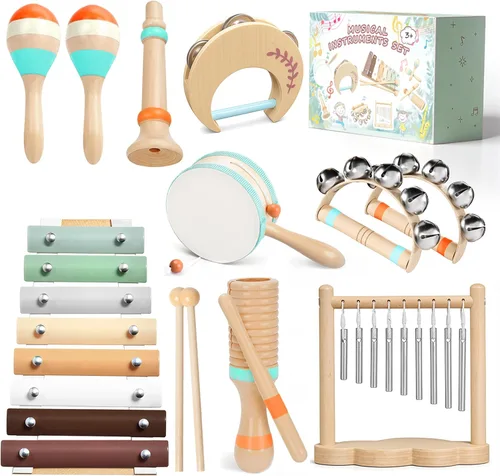 Instrumentos musicales de madera para niños pequeños de 1 a 3 años, juego de percusión Montessori con xilófono, juguetes educativos de música
