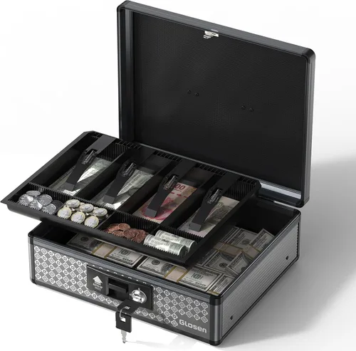 Miniatura 9 de Glosen Caja de efectivo con cerradura, caja de dinero con cerradura de llave y bandeja extraíble para monedas de 8.85 x 5.3 x 11.8 pulgadas