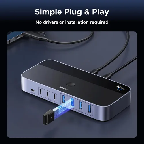 Miniatura 7 de UGREEN Interruptor USB 3.2 de 2 entradas y 7 salidas, interruptor de 10 Gbps para computadoras A o C compartiendo todos los dispositivos (4 A+3 C)