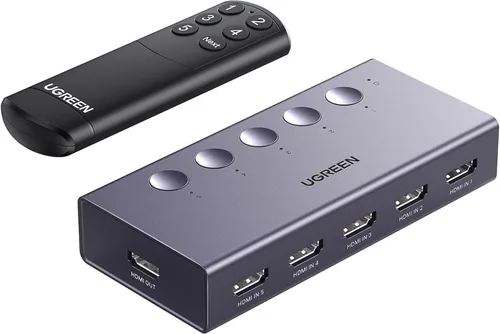 UGREEN Conmutador HDMI 5 en 1 de salida 4K@60Hz, divisor HDMI con control remoto, selector de 5 puertos, caja de conmutación compatible con 3D CEC