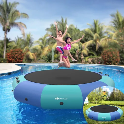 Miniatura 2 de Goplus - Trampolín inflable de agua de 10 pies, 12 pies, 15 pies, rebotador acuático recreativo con inflador eléctrico, escalera de cuerda, cuerdas