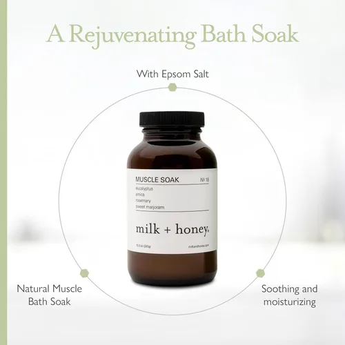 Miniatura 5 de milk + honey Muscle and Bath Soak No. 18, baño hidratante de sal de Epsom con eucalipto, árnica, romero y mejorana dulce, 10 onzas