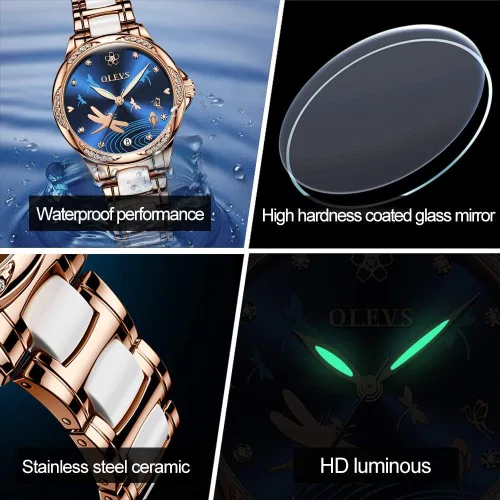 Miniatura 3 de OLEVS Relojes para mujer, mecánico automático, cuerda automática, oro rosa, reloj de mujer, vestido de diamante, pulsera de cerámica, impermeable