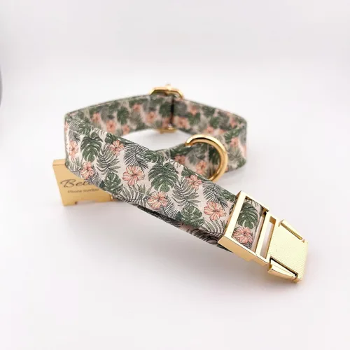 Miniatura 3 de Collar para perro de algodón orgánico, hecho a mano en Dinamarca, flores de hibisco rosa tropical