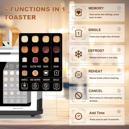 Miniatura 4 de Tostadora de 4 rebanadas con pantalla táctil, tostadoras de acero inoxidable con temporizador digital, tostadoras de panel de control dual, 8