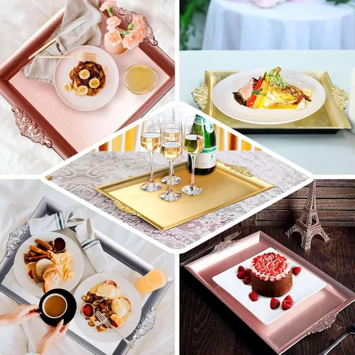 Miniatura 5 de Efavormart - 2 bandejas cuadradas de plástico decorativas doradas de 10 pulgadas con bordes en relieve para bodas, fiestas de cumpleaños