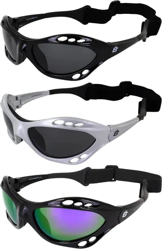 Birdz Gafas de sol Seahawk polarizadas acolchadas 3 pares con correa para deportes acuáticos, surf, kayak, jetski, monturas plateadas y negras con