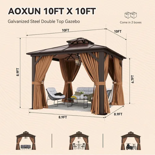 Miniatura 3 de Aoxun - Glorieta con techo rígido de 10 x 10 pies, glorieta de metal para exteriores con techo de policarbonato doble, pabellón permanente con malla