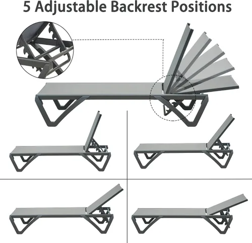 Miniatura 6 de Domi - Juego de 3 tumbonas para patio, sillas de aluminio de polipropileno para exteriores con 5 posiciones ajustables, mesa auxiliar para playa