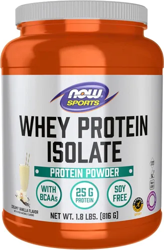 NOW Sports Nutrition, aislado de proteína de suero de leche, 0.88 oz (25 g) con BCAA, polvo con sabor vainilla cremosa, 1.8 libras