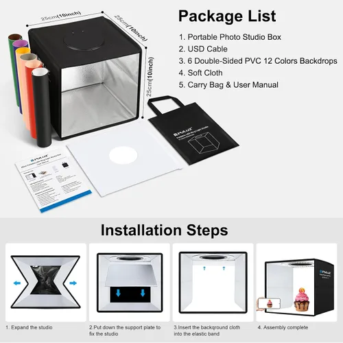 Miniatura 6 de PULUZ Mini caja de luz de estudio fotográfico de 10 x 10 pulgadas, kit de carpa de luz de fotografía plegable portátil con CRI >95 104 piezas de luz