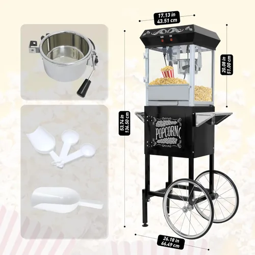 Miniatura 8 de Máquina de palomitas de maíz con carrito y ruedas – Máquina de palomitas de maíz con hervidor de acero inoxidable de 10 onzas, máquina para hacer