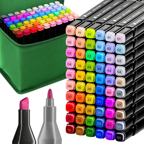 Juego de marcadores de doble punta con alcohol de 60 con tinta sin sangrado, estuche de regalo y colores vibrantes resistentes a la decoloración,