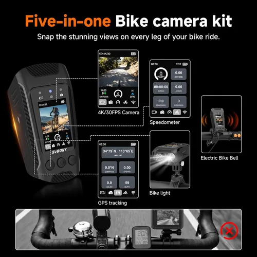 Miniatura 2 de SVBONY Cámara de bicicleta con pantalla inteligente, cámara de acción 4K60fps con rastreador GPS, velocímetro/odómetro, antivibración, luces
