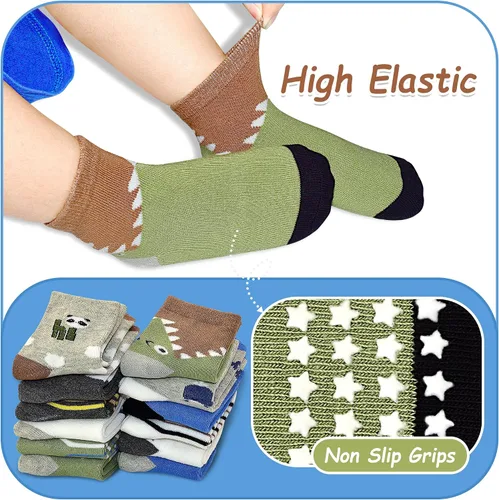 Miniatura 2 de Calcetines antideslizantes para niños pequeños con agarre, 12 pares de calcetines antideslizantes de dibujos animados para niños y niñas