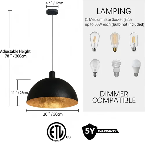 Miniatura 3 de Lámpara colgante de cúpula negra y dorada, lámpara de araña industrial de cúpula grande de 20 pulgadas con interior de hoja de oro para comedor