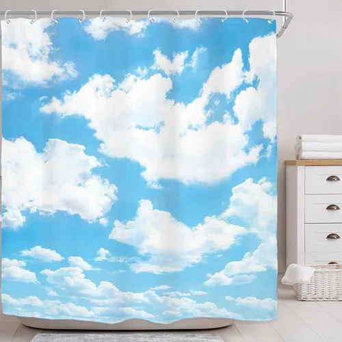 Miniatura 2 de Riyidecor Cortina de ducha con diseño de nube blanca y cielo azul, paisaje natural, tela impermeable de 72 x 72 pulgadas, decoración de bañera